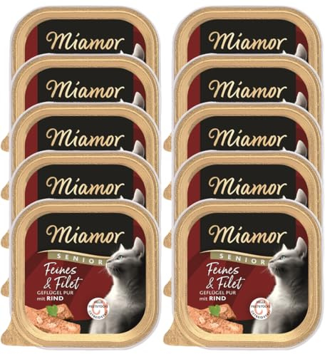 Miamor Feines & Filet | Senior Geflügel Pur & Rind | 10 x 100g Schale | Getreidefrei | Hoher Filetanteil | mit Gratis Milky Shake