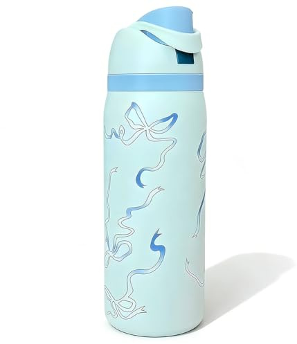 Bow Stainless Steel Water Bottle for Women Girls, 32oz/1L Bow Insulated Sports Drinking Water Bottle, Leak-Proof Thermos,Iced Breeze for Sports Travel School Blue (C2)