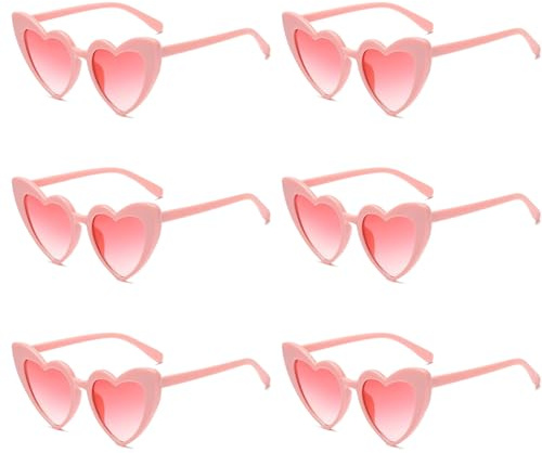 6 Stück Herz Sonnenbrille, Rosa Retro Herz-Sonnenbrillen Vintage Herzform Brille Katzenauge Herzbrille, Herzförmige Sonnenbrille Hippie Brille Herz 90er für Party Hochzeit Karneval Reise Fotoshooting