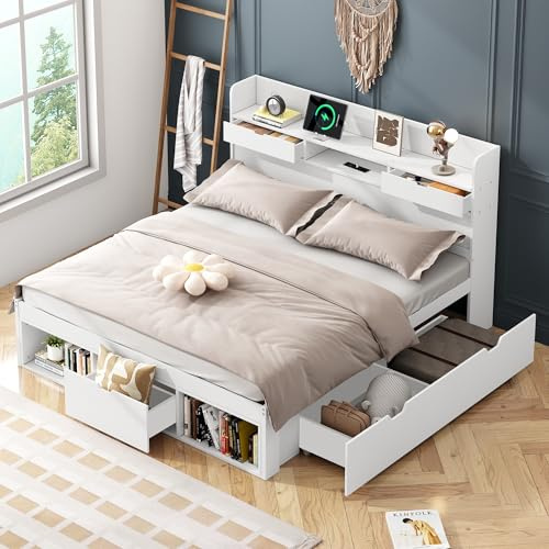 CelticHearth Cama doble de 140 x 190 cm con puerto USB, cajones, armario de almacenamiento, cuna, cuna, color blanco, pino sin colchón, capacidad de carga de 200 kg