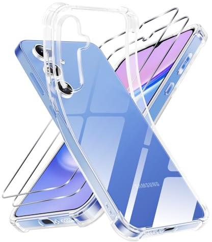 Niokfrci Cover per Samsung A15 con 2 Pezzi Pellicola Vetro Temperato, Trasparente Custodia Sottile Morbida Silicone TPU Antiurto Bumper, Anti-Graffio Protettiva Chiaro Case per Samsung Galaxy A15
