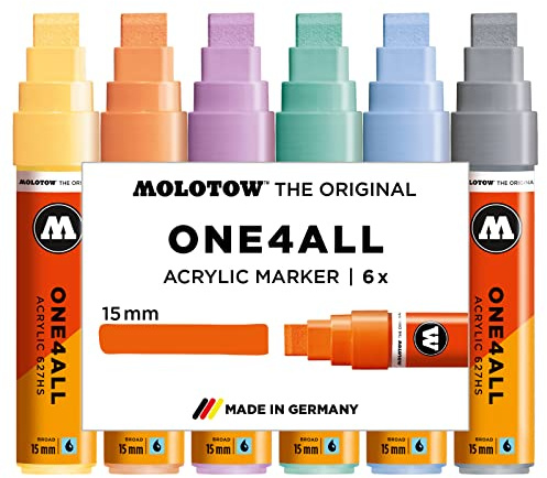 Molotow ONE4ALL Acrylic Paint Marker Set, 6 Pastel Colors, 15mm (200.461)