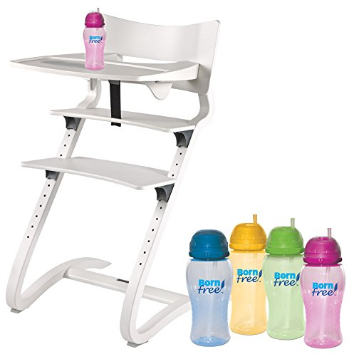 Leander Hochstuhl weiß RAL-9016 mit Sicherheitsbügel, ansteckbarem Tisch und BornFree-Trinkbecher