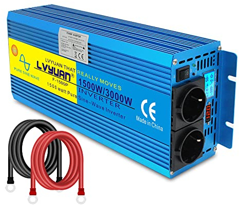 Yinleader Spannungswandler 1500W/3000W 12V 230V Reiner Sinus Wechselrichter LED+LCD Power Inverter mit 2 Steckdose und LCD-Display, für Auto, Wohnwagen, Boot, Camping, Reisen