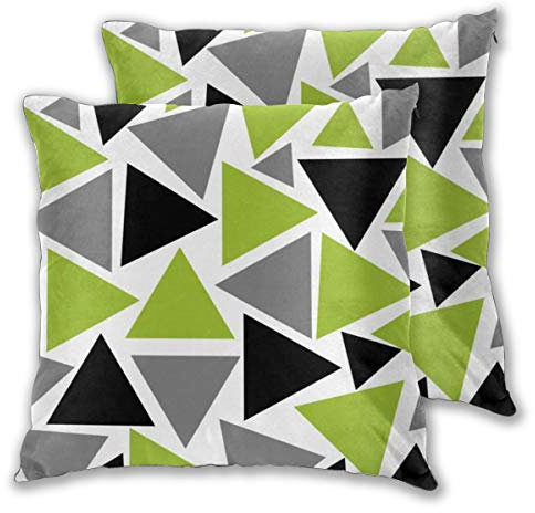 Art Fan-Design Cushion Cover Random Triangles Lime Green Gray Black On White Set of 2 Square Throw Pillow Case Sham Home for Sofa Chair Couch/Bedroom Decorative Pillowcases