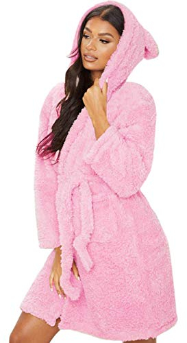 Minasan Women’s Bathrobe short with hood - fluffy sauna dressing gown dressing gown nightwear fleece dressing gown ear with hood., pink, M