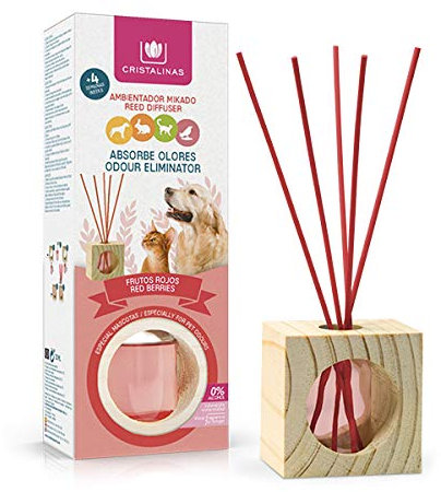 CRISTALINAS. Ambientador & Absorbe Olor Mikado para Mascotas. 0% Alcohol. Mas de 4 semanas de duración. Aroma Frutos Rojos. (2x30ml)