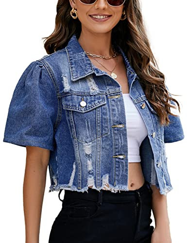 PAODIKUAI Women's Casual Puff Sleeve Frayed Slim Cropped Denim Jean Jacket - blue - XXL