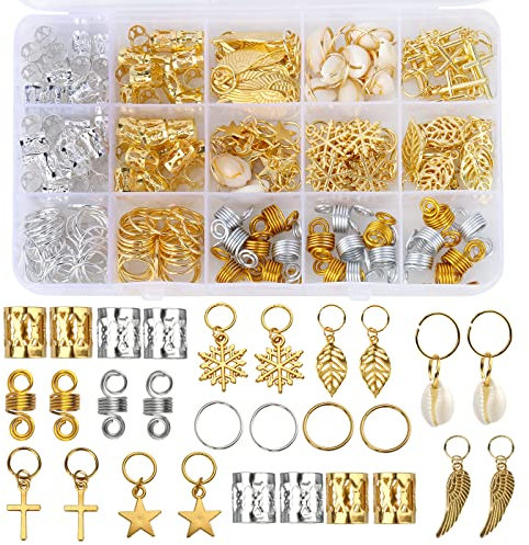 Nafaboig 200 Stück Haarperlen für Frauen Zöpfe, Loc Schmuck für Haar-Zöpfe, Dreadlocks-Zubehör, Metall-Gold-Silber-Clips, Muschel-Ringe für Haar, Flechten, Bartdekoration für Mädchen und Frauen