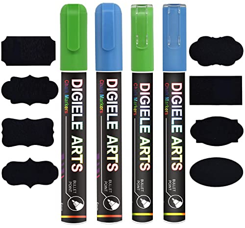 DIGIELE Liquid Chalk Marker Pens Blue + Green, 2pcs 3mm Chalk Pens + 2pcs 6mm Chalk Markers, Dry or Wet Wipe Erase, Thin & Medium Reversible Bullet or Chisel Tip, 4 Pens & 16 Chalkboard Labels Packed