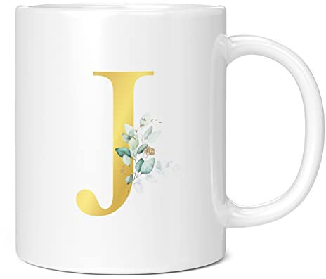 Personalised Letter J Floral Mug Initial, Customised Gift, Gold Effect Printed Letter, NOT Metallic - Ceramic Coffee Cup for Men or Women, Extra Large and Giant Mug, 11oz White Cup