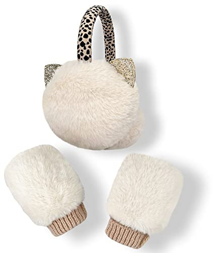 Ensemble cache-oreilles et moufles pour fille avec cache-oreilles et gants tricotés en peluche, Léopard Chat 2, 3-6 ans