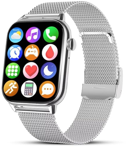 Deunis H6 Smartwatch 1,90 Zoll mit Telefonfunktion für Damen Herren kompatibel mit Android iOS, Schlafmonitor HD06 Schrittzähler Fitness Tracker, Sportuhr, Armbanduhr…(Edelstahl: Silber)
