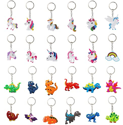 DAGORD 24 Stück Schlüsselanhänger Set - Silikon Schlüsselbund Mit Einhorn, Dinosaurier Und Cartoon Motiven - Mini Schlüsselanhänger für Kinder Party Mitgebsel