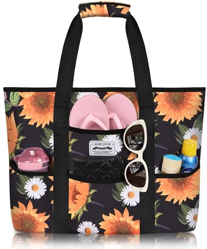 HOMESPON Große Wasserdichte Strandtasche mit Reißverschluss und Taschen für Damen (Groß-Sonnenblume)