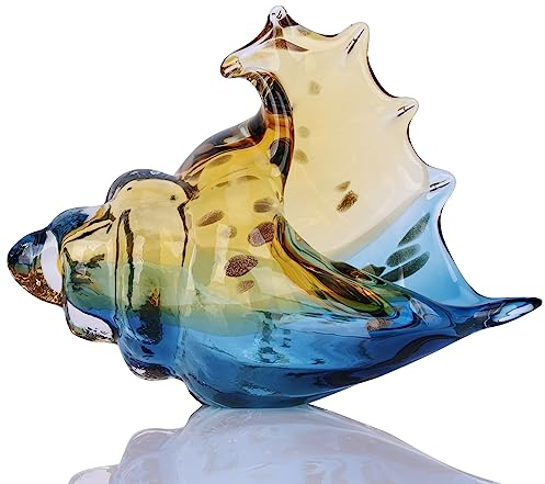 Estatuas de caracola de vidrio soplado a mano, figuras artísticas de vidrio azul y ámbar, conchas para decoración costera del hogar, soporte de TV y decoración de estantería, estantes de baño y