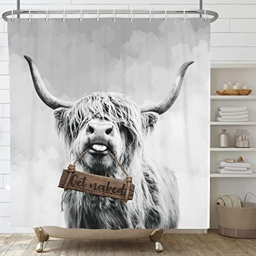RAMOTE Duschvorhang 120x200 Graues Hochlandrind, Duschvorhänge Antischimmel 3D Interessant, Shower Curtains Wasserdicht Waschbar, Duschrollo für Badewanne Dusche Badezimmer, mit 8 Ringe