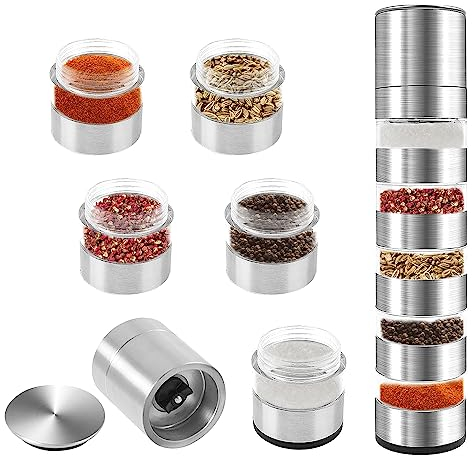 Salz und Pfeffermühle, 5-in-1 Gewürzmühle, Verstellbarem Keramikmahlwerk, Edelstahl Gewürzgläser Set, Manuelles Mahlen, Salzmühle für Grobes Salz, Pepper Grinder für BBQ, Camping, Reise