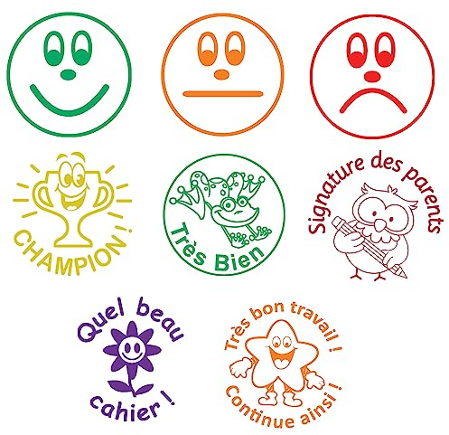 Set mit 8 Stempeln für Lehrer: Unterschrift der Eltern, Champion, sehr gute Arbeit / Kontinue so sehr gut, was schönes Heft, Gesichter x 3 (Smiley)