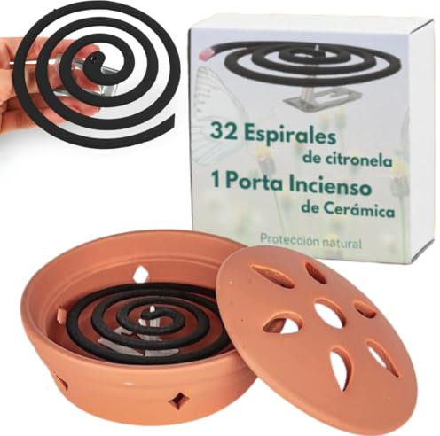 32 Espirales Antimosquitos y Quemador de Incienso de Ceramica Citronela Antimosquitos, Incienso Antimosquitos Exterior Espirales de Incienso con Soporte: Patio, Terraza, Camping o Interior