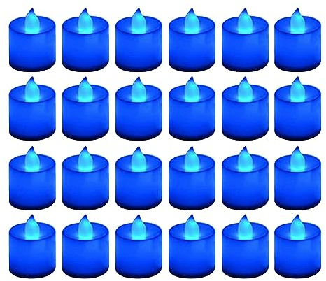 Blue Tea Lights - 24 Pack Flameless Flickering Navy Blue Votive Candles for Birthday, Wedding, Party & Festival - Glass Flower Candle Holder