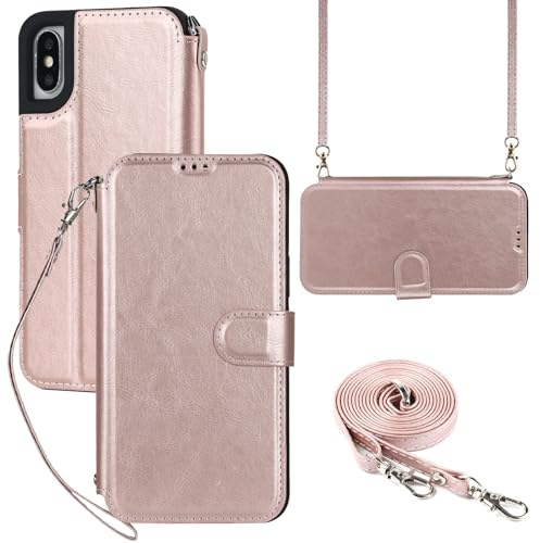 ELTEKER Hülle iPhone XS Max Klapphülle,Handyhülle iPhone XS Max Handykette mit Umhängeband und Kartenfach,Perfekt Schutz Case mit Ständer RFID Blocker Leder Hülle für iPhone XS Max,Rosa