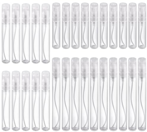 Swpeet 30Pcs Clear Plastic Empty Mini Travel Spray Liquids Bottle with Protector Caps Refillable by Hand(5ml, 8ml, 10ml), Portable Perfume Containers Travel Atomizer Bottle for Samples, Water, Alcohol