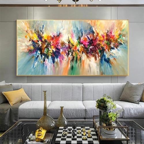 Abstrakte Kunst, farbenfrohes Gemälde auf Leinwand, Blumenposter, HD-Drucke, Wandkunstbilder für das Wohnzimmer, fertig zum Aufhängen, 70 x 140 cm, mit Goldrahmen