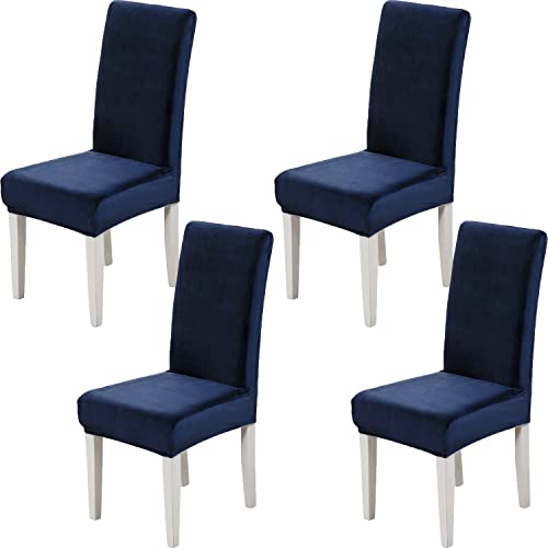 Xundefeng 4er Set Stretch Samt Stuhlhussen für Esszimmerstühle, Schutz Hussen für Stühle Schwingstühle, Dekoration Stuhlbezug für Haus, Küche, Hotel, Party - Marineblau