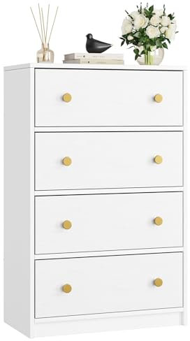 Nicehill White Chest of Drawers with 4 Drawers, Wooden Frame & Gold Handles, Fabric Chest of Drawers for Bedroom, Living Room, Hallway, Entryway, White