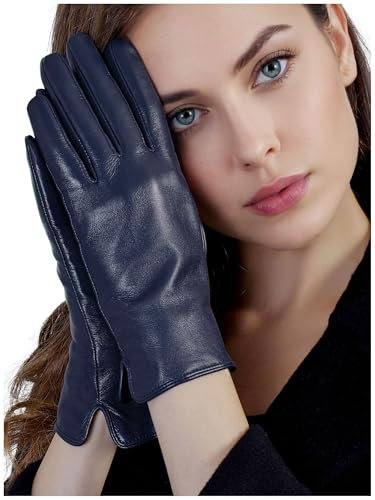GSG SINCE 1998 Touchscreen Lederhandschuhe Damen – Chromfreies Schaffell, warm gefüttert mit Wolle, Ideal zum Autofahren im Winter Navy blau L