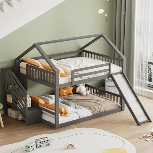 140x200cm Etagenbett mit Stauraumtreppe und Rutsche, Hausbett, Kinderbett mit Geländer, geeignet für Kinder, Jugendliche