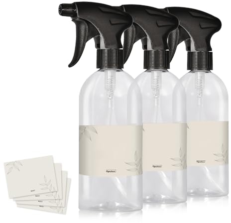 Oputec 3 x 500ml Sprühflaschen aus Kunststoff Transparent, zum Befüllen, mit ergonomischem Sprühkopf + Etiketten – Leere Wassersprühflaschen für Pflanzen, Blumen, Reinigungsmittel, Haarpflege und mehr