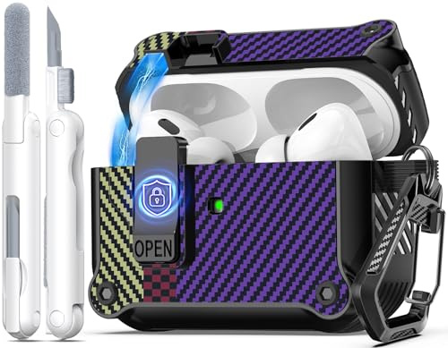 R-fun kompatibel mit AirPods Pro 2 Hülle (Auto Pop-Up-Deckel) mit Reinigungsset, kompatibel mit Airpods Pro 2./1. Gen(2023/2022/2019), für Airpods Pro Hülle (USB-C/Lightning-Kabel),Kohlefaser Lila