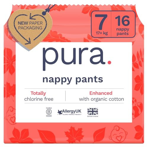 Pura Culottes Éco - Taille 7 (17kg+), 16 Pièces, Jetables pour Peaux Sensibles et Sujettes aux Allergies, Sans Parfum, Faciles à Déchirer sur les Côtés