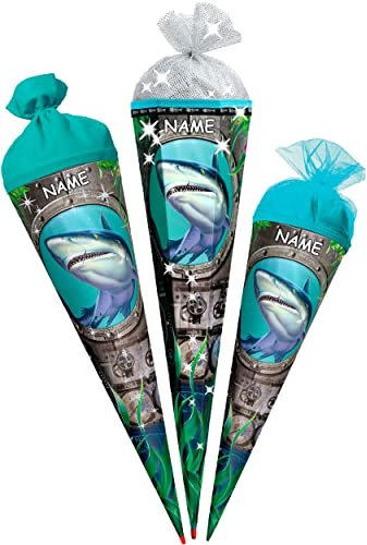 alles-meine.de GmbH mit Glitzer ! Schultüte - Hai Fisch 35-85 cm Größe wählbar mit Holzspitze inkl. Name - Zuckertüte - Tüllabschluß/Filzabschluß - eckig/rund - J..