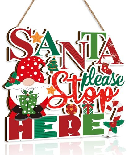 ANHUIB Weihnachtsdeko Holzschild,Willkommensschild,Santa Please Stop Here Schild Holz,Weihnachten Tür Hängende Dekorationen,Holz-Aufhänger für Weihnachten Türschild für Tür Fenster Wand Christmas Sign