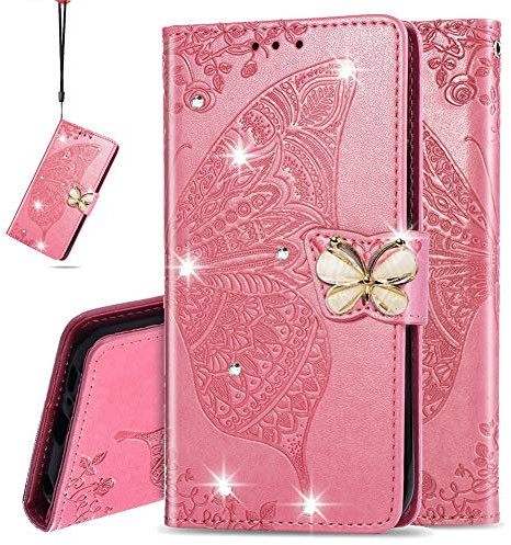 IMEIKONST Compatible with iPhone 16 Plus Wallet Case with Card Holder, Diamond Embossed Leather Magnetic Flip Kickstand Shockproof Protection Cover for iPhone 16 Plus. Crystal Butterfly Pink SD