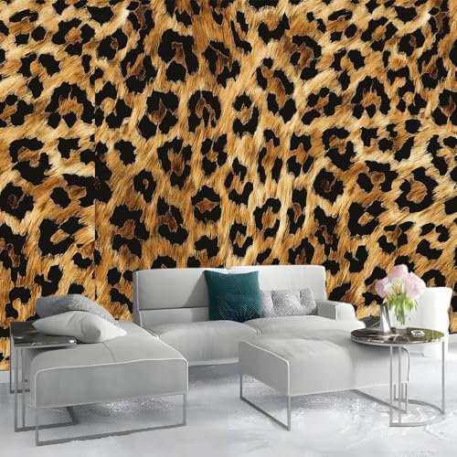 Papier peint intissé 350 x 256 cm Décoration Murale Tissu à motif léopard élégant Poster Tableaux Muraux Tapisserie Photo Jaune Convient pour le salon et la chambre à coucher