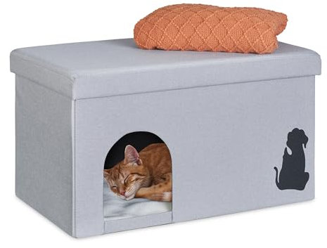 Relaxdays Katzenhöhle faltbar, 100kg belastbare Sitzbank, Deckel, Kissen, HBT: 40,5 x 72 x 40,5 cm, Tierversteck, grau
