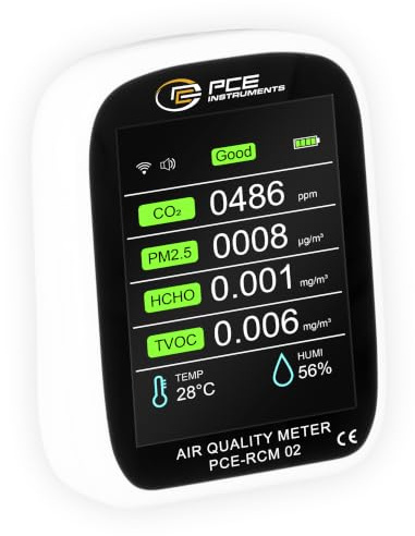 Luftqualitätsmesser PCE-RCM 02 / Partikelmessung PM1, PM2,5, PM10 / CO2, Formaldehyd, TVOC, Temperatur und Luftfeuchtigkeit / Wi-Fi-Konxion / PCE Instruments