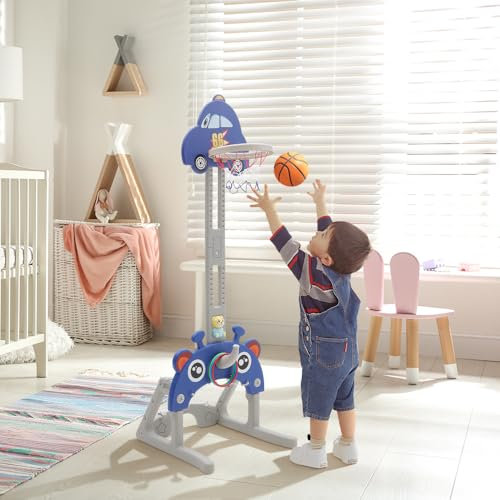 Warmiehomy Basketball Hoop for Kids Indoor Basketball Hoop and Stand Toddler Basketball Hoop Outdoor Child Football and Basketball Set with Football Goal, Golf, Ring Toss, Story Player, Birthday Gift