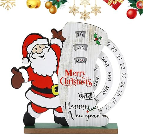 Weihnachtskalender, Holz-Countdown-Kalender, manuell drehbarer Kalender, Weihnachtsmann, Glocke, Schneemann, Schreibtisch-Block-Kalender für Zuhause, Schreibtisch-Dekoration