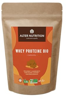 ALTER NUTRITION - Whey Protéine Bio - Caramel - Prise De Masse - Récupération - BCAA - Lait De Vache Bio - Sans Sucres Ajoutés - Fabriqué En France - 18g De Protéines Par Scoop - Sachet De 1kg