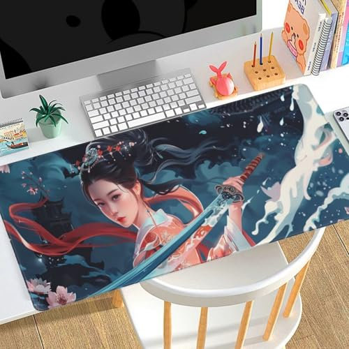 Tapis de Souris XXL 1000x500x3mm Tapis de Souris Beauté Guerrier，Grand Tapis de Souris Gamer，Tapis Bureau Antidérapant Étanche，sous-Main Bureau Large en Tissu，Maison Bureau Décor Cadeau Femme E24
