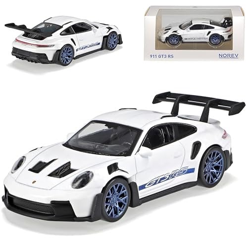 Porsche 911 992 GT3 RS Coupe Weiss mit Blau und Schwarz Neue Generation Ab 2019 Version Ab 2022 1/43 Norev Modell Auto mit individiuellem Wunschkennzeichen