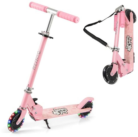 COSTWAY Monopattino per Bambini Pieghevole e Portatile, Monopattino a 2 Ruote con Manubrio Regolabile, Ruote Luminose a LED, Freno Posteriore e Tracolla, Ideale per Bambini e Bambine 3+ (Rosa)