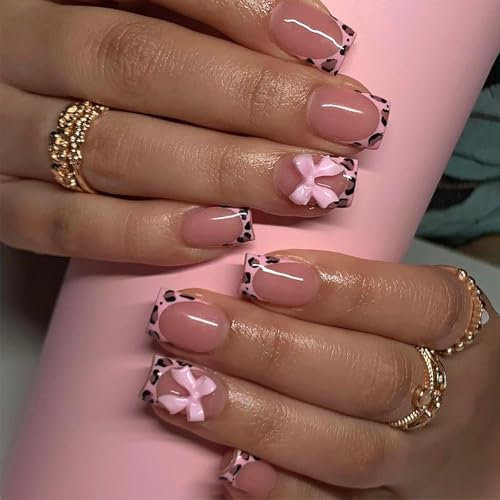 French Tip False Nails - Short Leopard Square Press On Nails Pattern - Ballerina Fake Nails With Pink Bow - Removable Acrylic Stick On Nail For Women Girls Summer Cute Nail Art