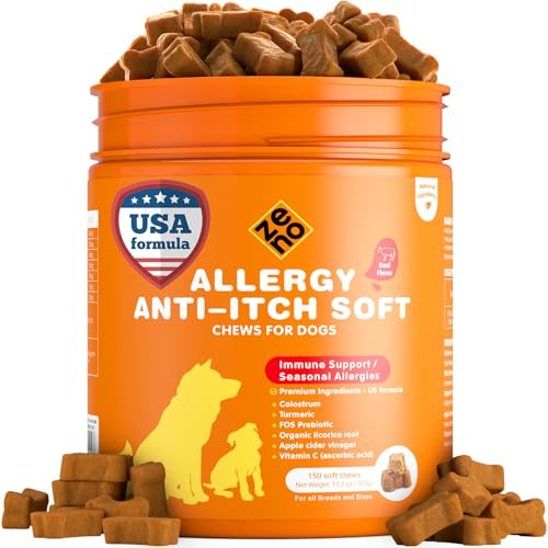 ZENO Dog Allergy Chews 150Pcs - Supplements for Itchy Skin and Paw Licking - Allergy Relief - US Formula with Dog Probiotics, Natural Ingredients & Vitamins - Beef