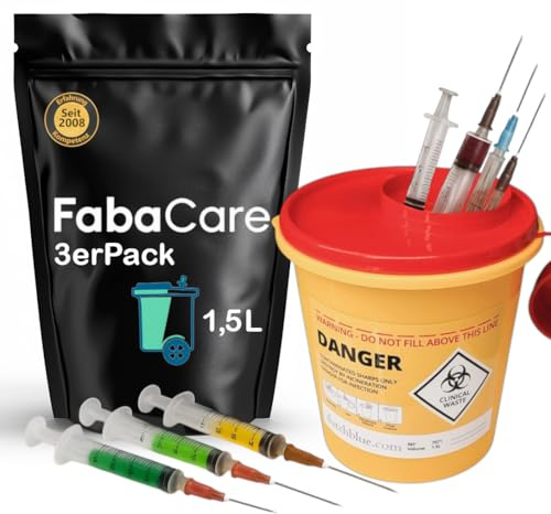 3x Kanülenabwurfbehälter 1,5 Liter von FabaCare, Entsorgungsbehälter für Kanülen, Spritzen und Nadeln